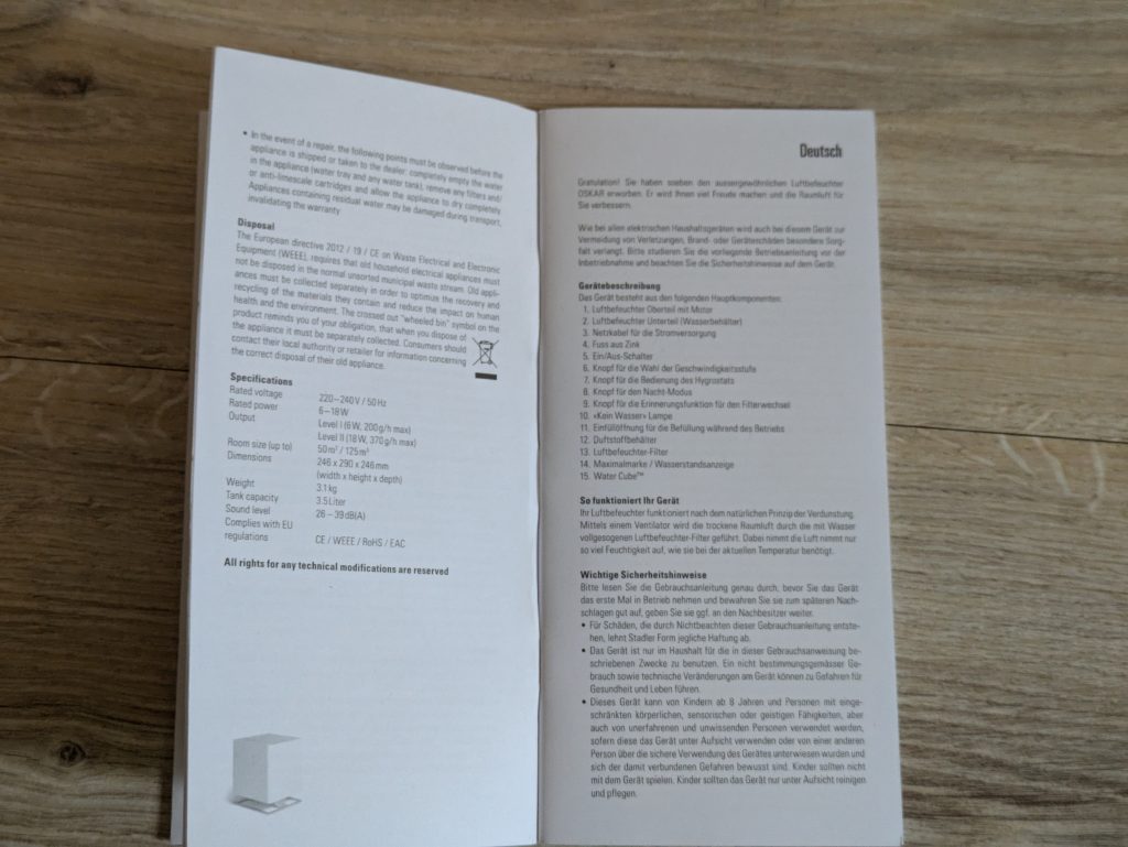 Anleitung des Stadler Form Oskar Luftbefeuchters geöffnet