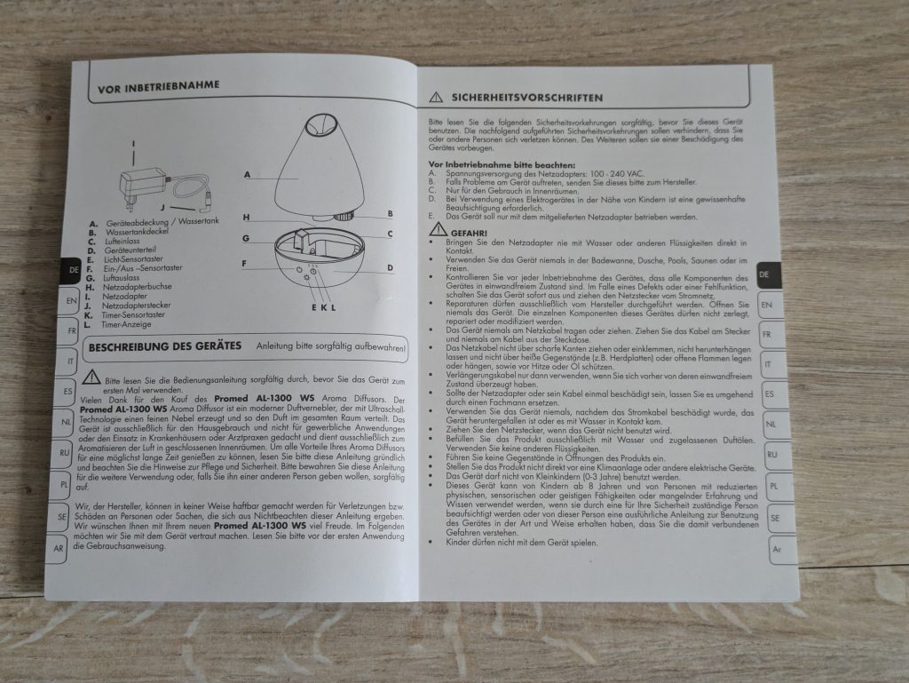 Anleitung des Promed AL-1300 WS Luftbefeuchters geöffnet