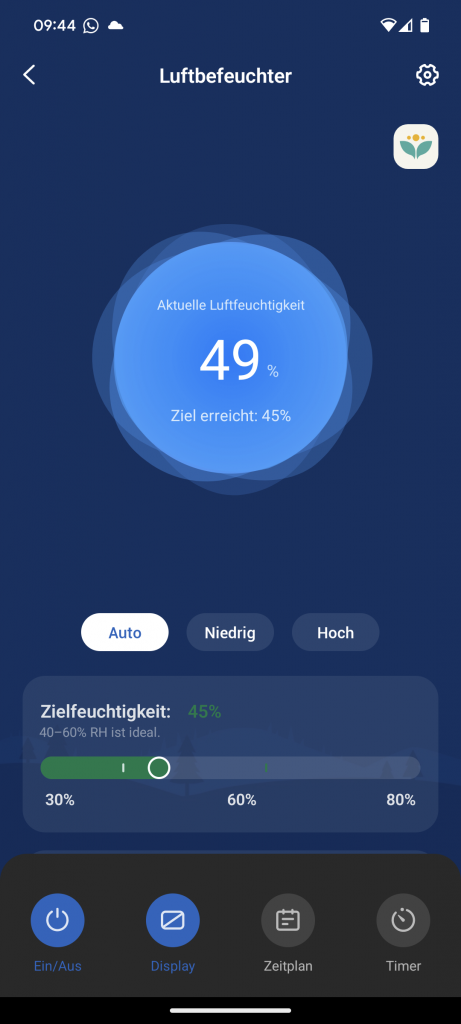 App des Levoit Dual 200S Luftbefeuchters, Dashboard