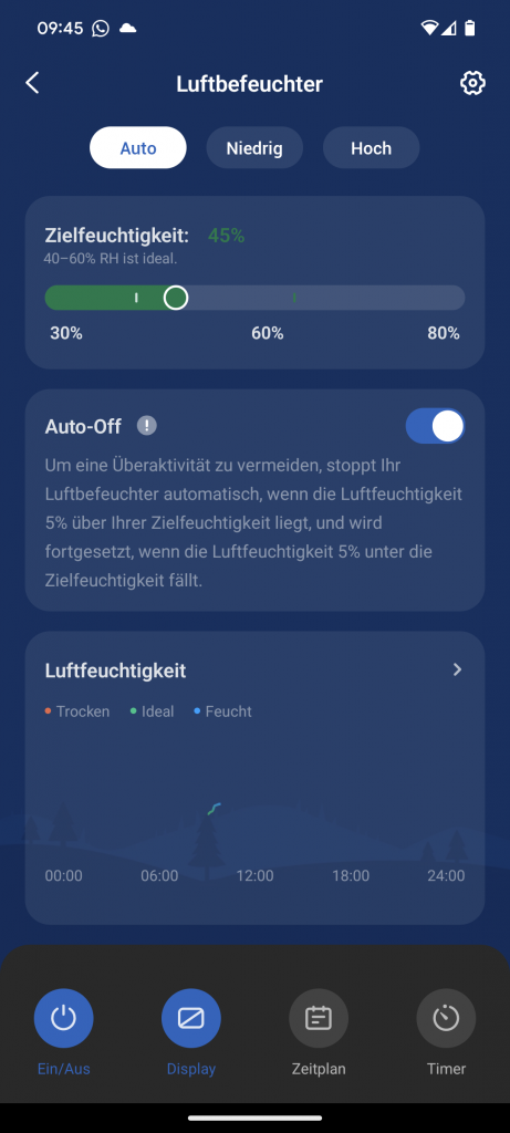 App des Levoit Dual 200S Luftbefeuchters, Einstellungen