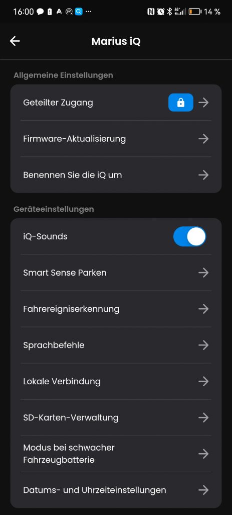 Einstellungen der Nextbase IQ Dashcam