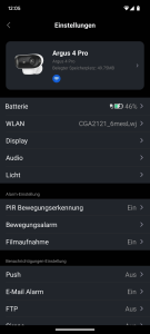 Einstellungen der Reolink Argus 4 Pro+ Überwachungskamera
