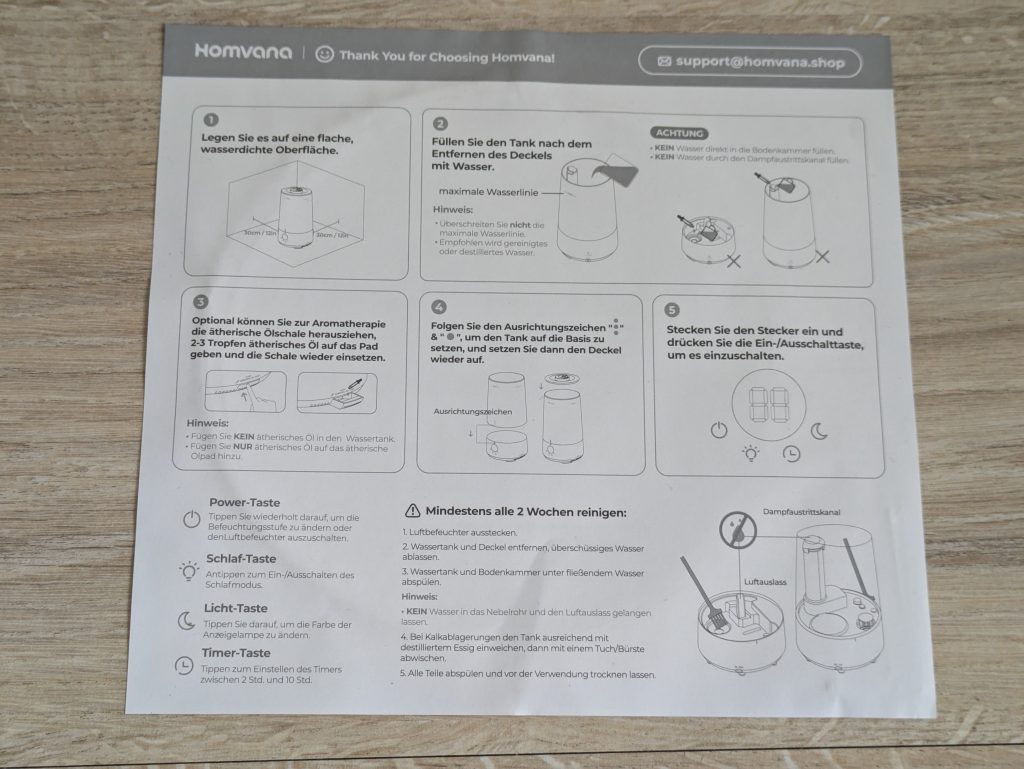 Kurzanleitung des Homvana H101 Luftbefeuchters