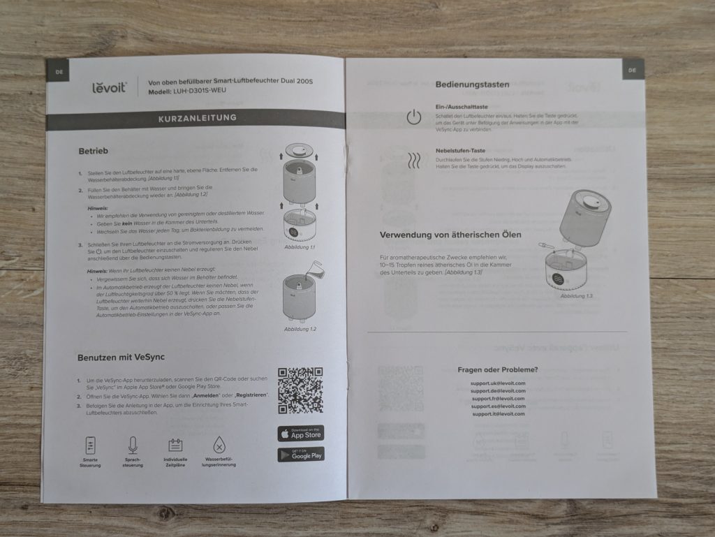 Kurzanleitung des Levoit Dual 200S Luftbefeuchters geöffnet
