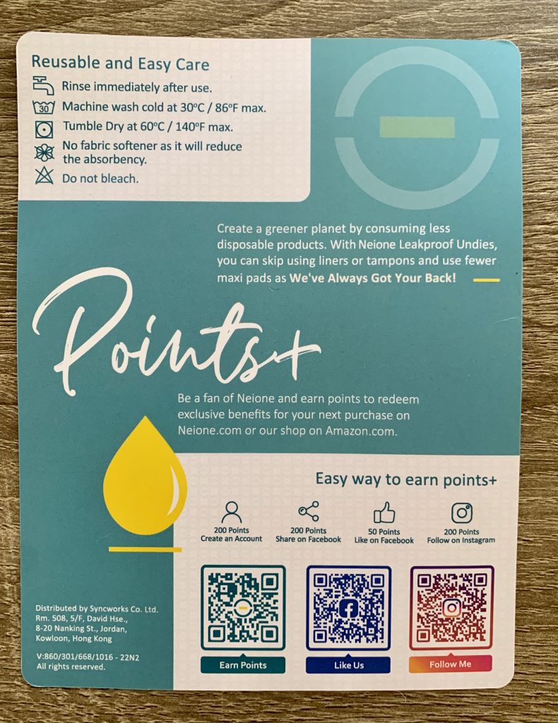 Neione by Intimate Portal Periodenunterschwäsche Pappflyer mit Produktinformationen von hinten