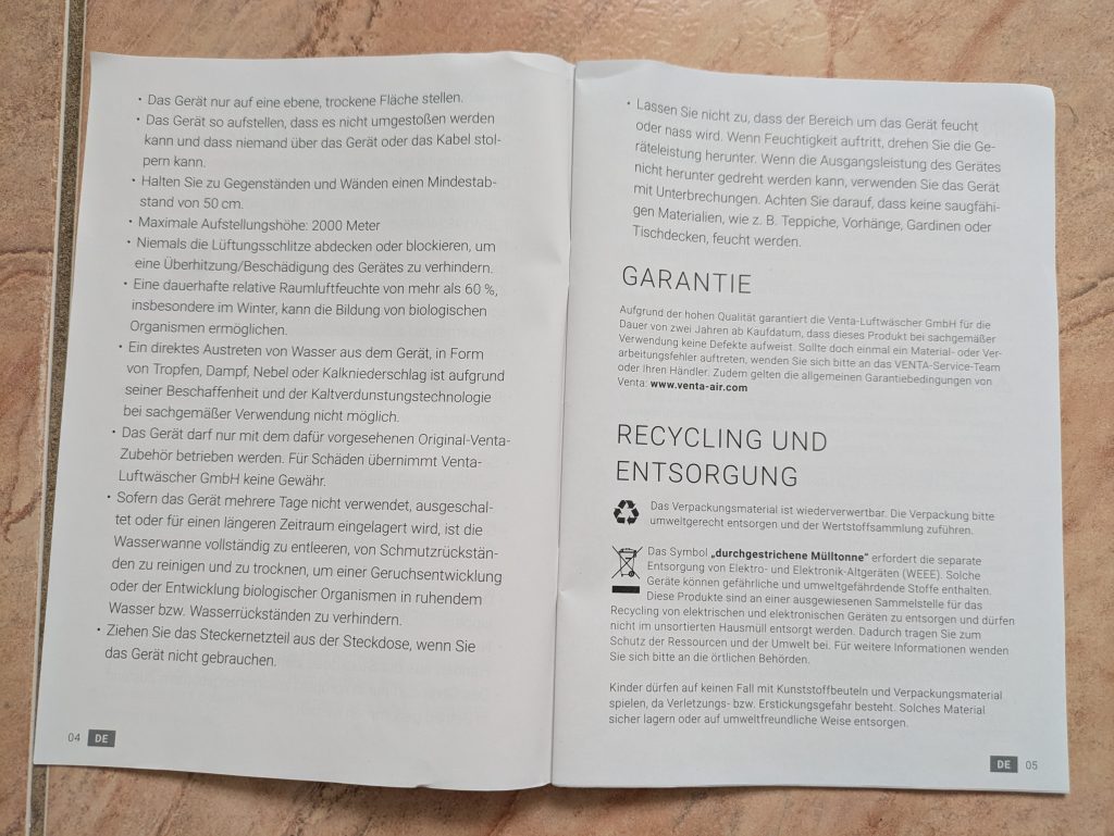 Sicherheitshinweise des Venta LW15 Luftbefeuchters geöffnet