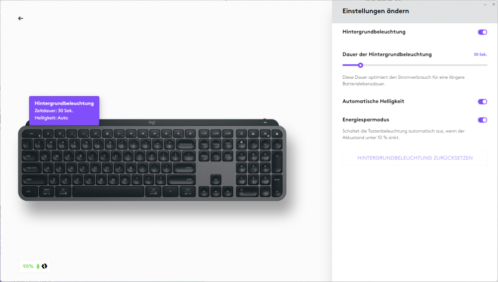 Software der Logitech MX Keys S Tastatur, Einstellung der Beleuchtung