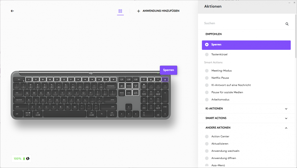 Software der Logitech Signature SLIM K950 Tastatur, Tasteneinstellungen