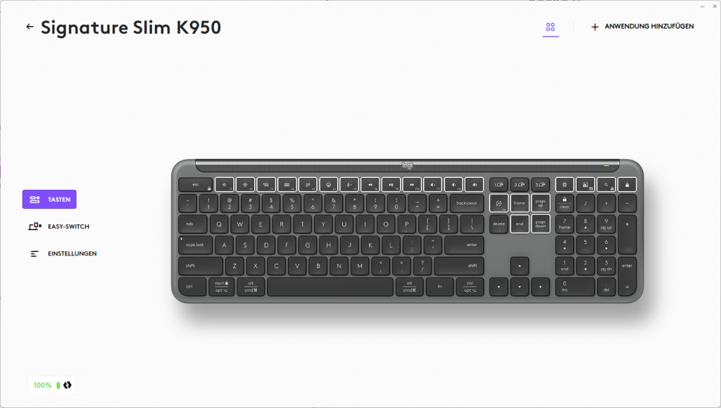Software der Logitech Signature SLIM K950 Tastatur, einstellbare Tasten