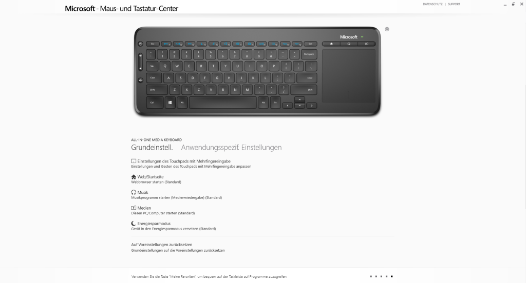Software der Microsoft All-in-One Media Tastatur, Grundeinstellungen