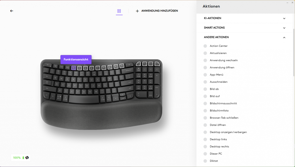 Software der Logitech Wave Keys Tastatur, einstellbare Tasten