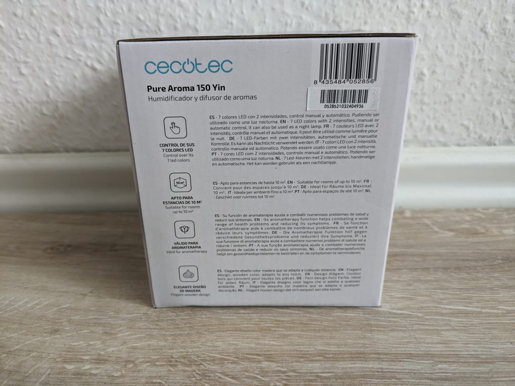 Verpackung des Cecotec Pure Aroma Luftbefeuchters von der Seite