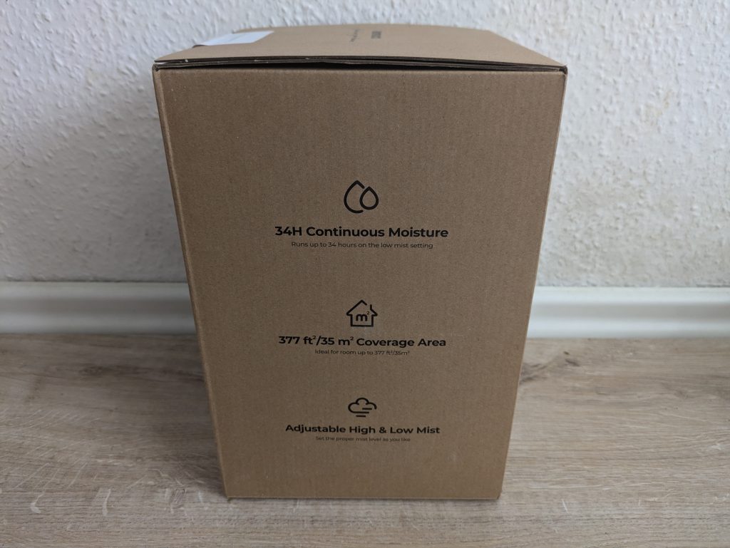 Verpackung des Homvana H101 Luftbefeuchters von der Seite