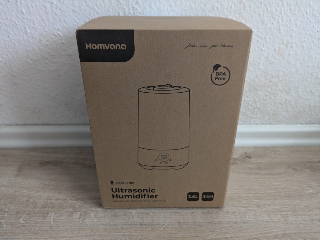 Verpackung des Homvana H101 Luftbefeuchters von vorne