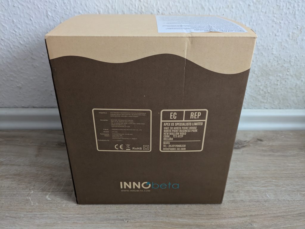 Verpackung des InnoBeta Waterdrop 2.0 Luftbefeuchters von der Seite