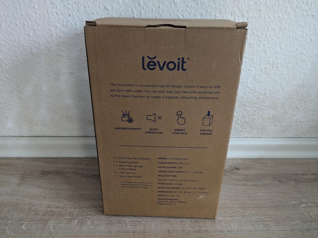 Verpackung des Levoit Dual 200S Luftbefeuchters von der Seite