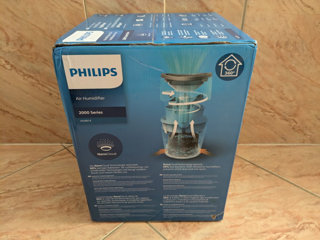 Verpackung des Philips 2000 Series 481410 Luftbefeuchters von der Seite