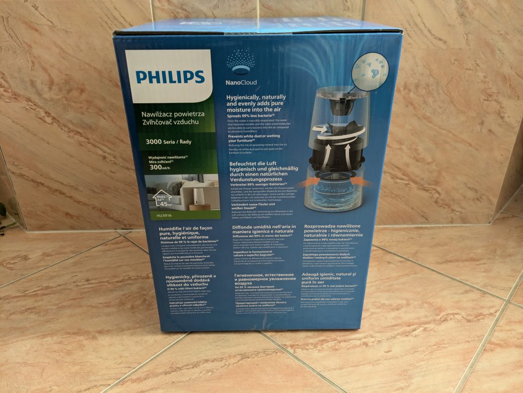 Verpackung des Philips 3000 Series HU391610 Luftbefeuchters von der Seite