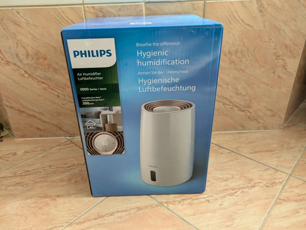 Verpackung des Philips 3000 Series HU391610 Luftbefeuchters von vorne