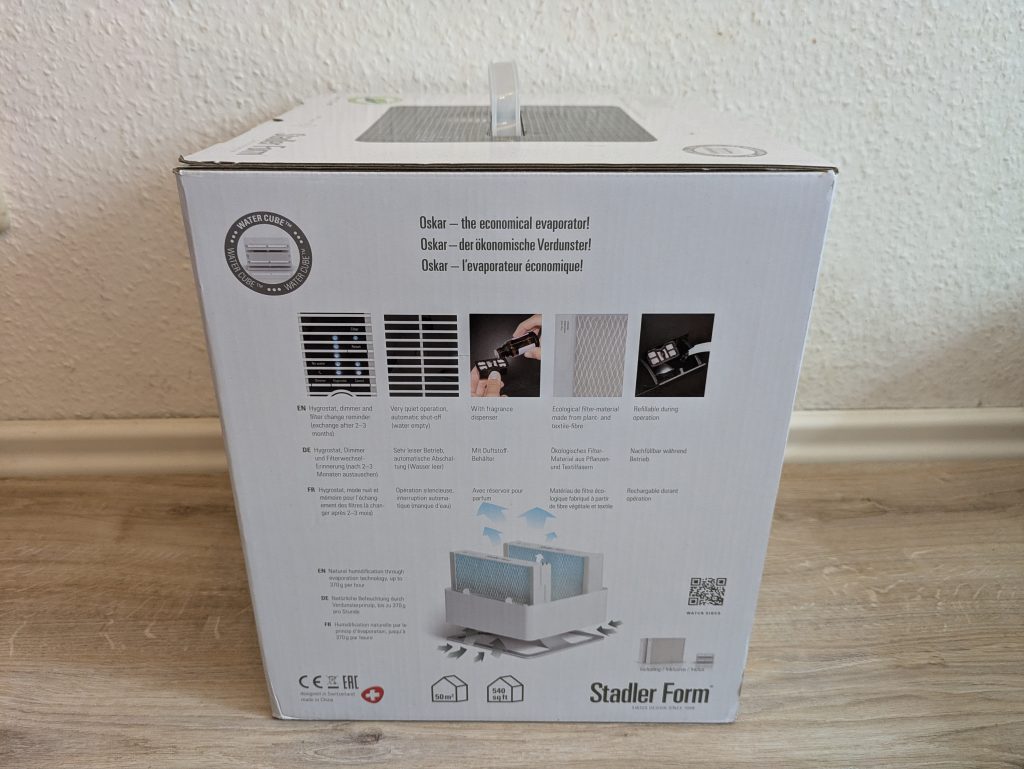 Verpackung des Stadler Form Oskar Luftbefeuchters von der Seite