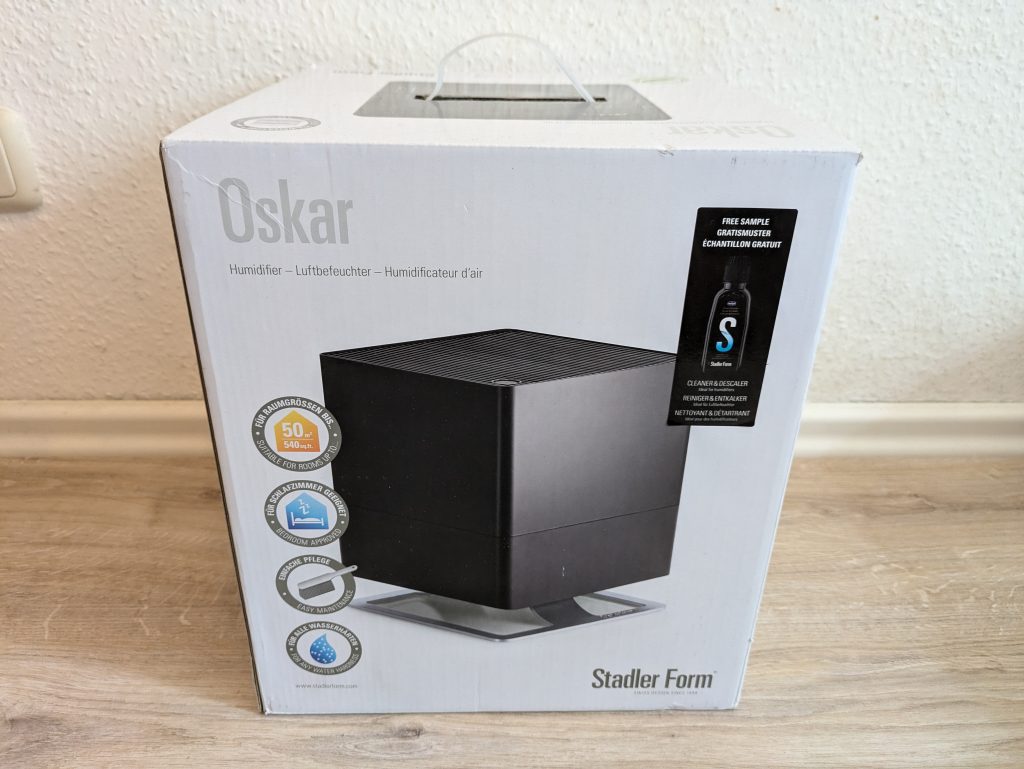 Verpackung des Stadler Form Oskar Luftbefeuchters von hinten