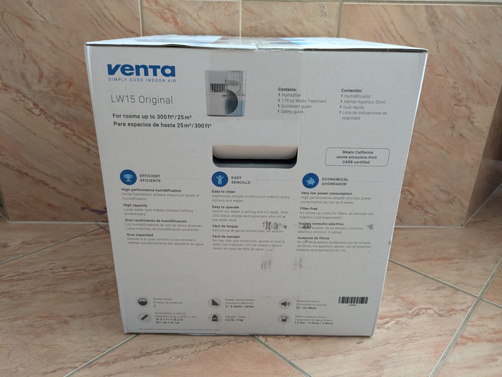 Verpackung des Venta LW15 Luftbefeuchters von der Seite