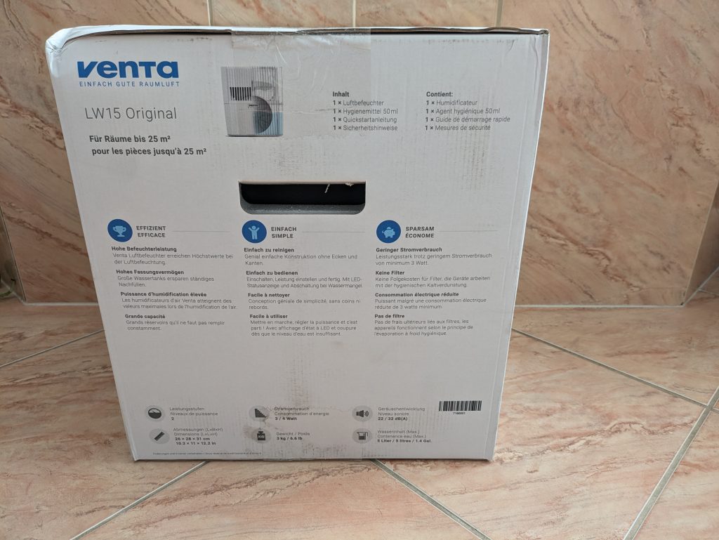 Verpackung des Venta LW15 Luftbefeuchters von hinten