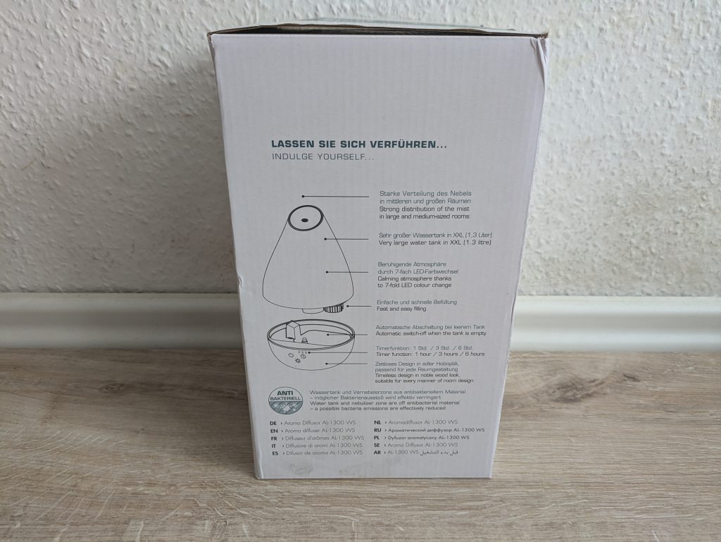 Verpackung des Promed AL-1300 WS Luftbefeuchters von der Seite