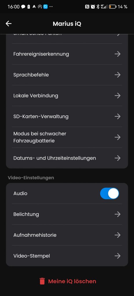 Weitere Einstellungen der Nextbase IQ Dashcam