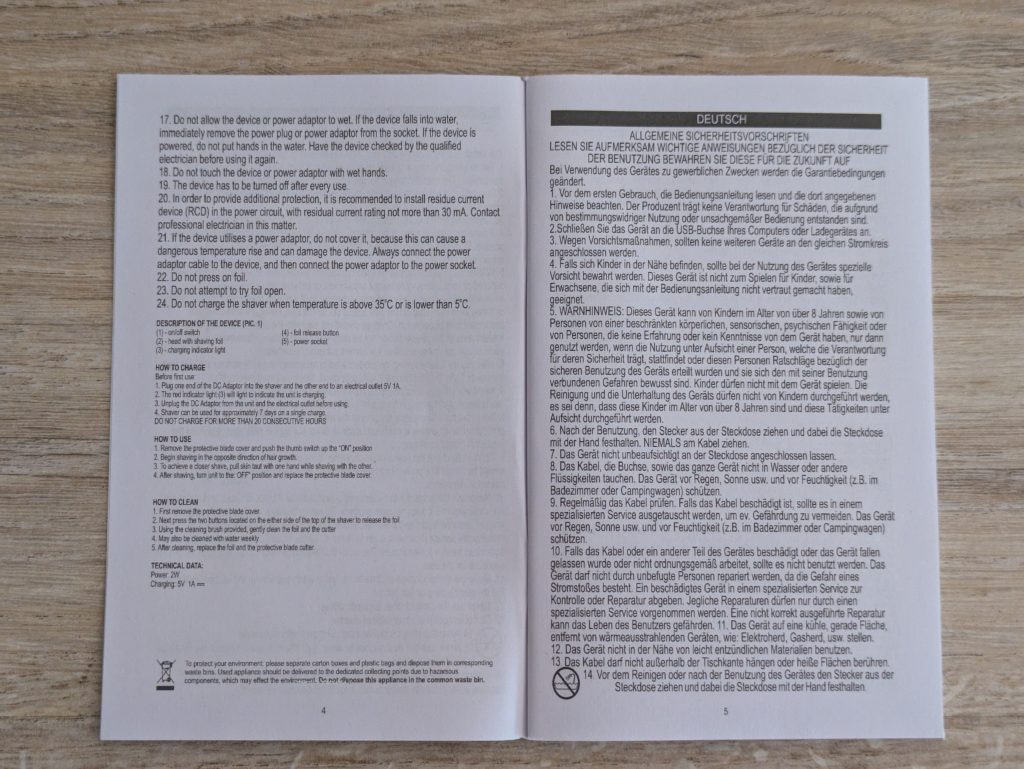 Anleitung des ADLER AD 2923 Rasierers geöffnet
