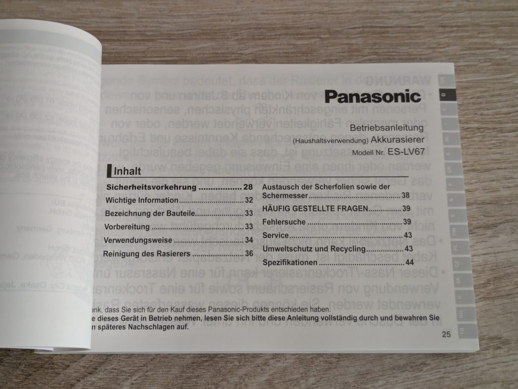 Anleitung des Panasonic ES-LV67A803 Rasierers geöffnet