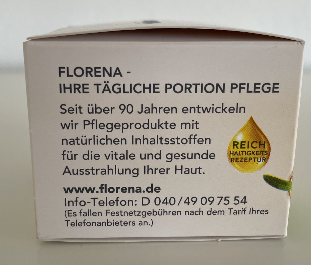 Florena 24 h Feuchtigkeit Gesichtscreme in der Verpackung von der linken Seite