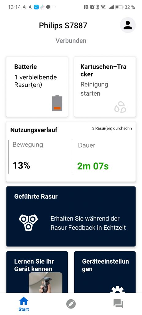 GroomTribe-App des Philips Series 7000 Rasierers Hauptmenü