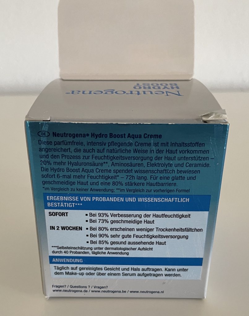 Neutrogena Hydro Boost Gesichtscreme in der Verpackung von hinten