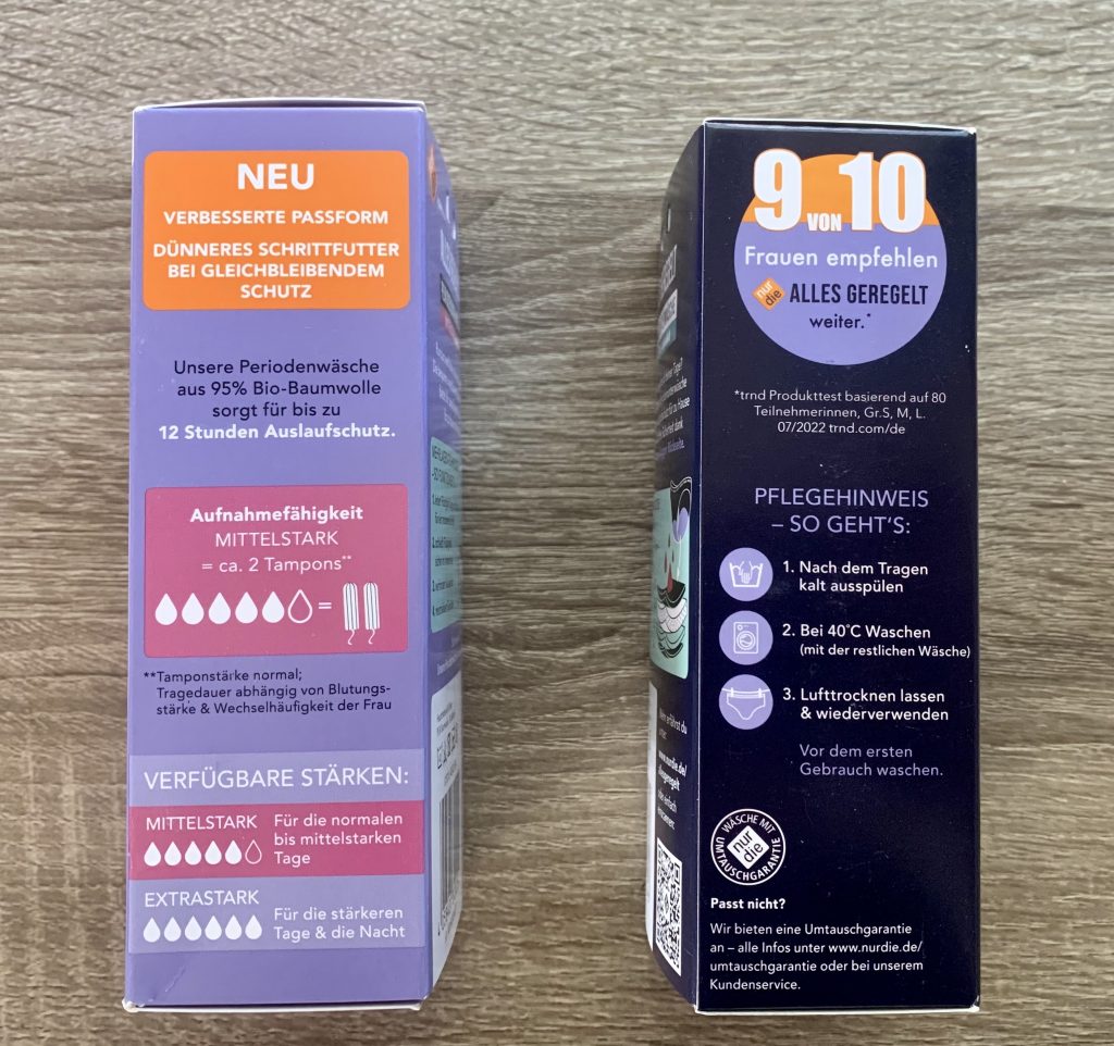 Nur Die „Alles geregelt“ Periodenunterwäsche Set in der Verpackung von der linken Seite