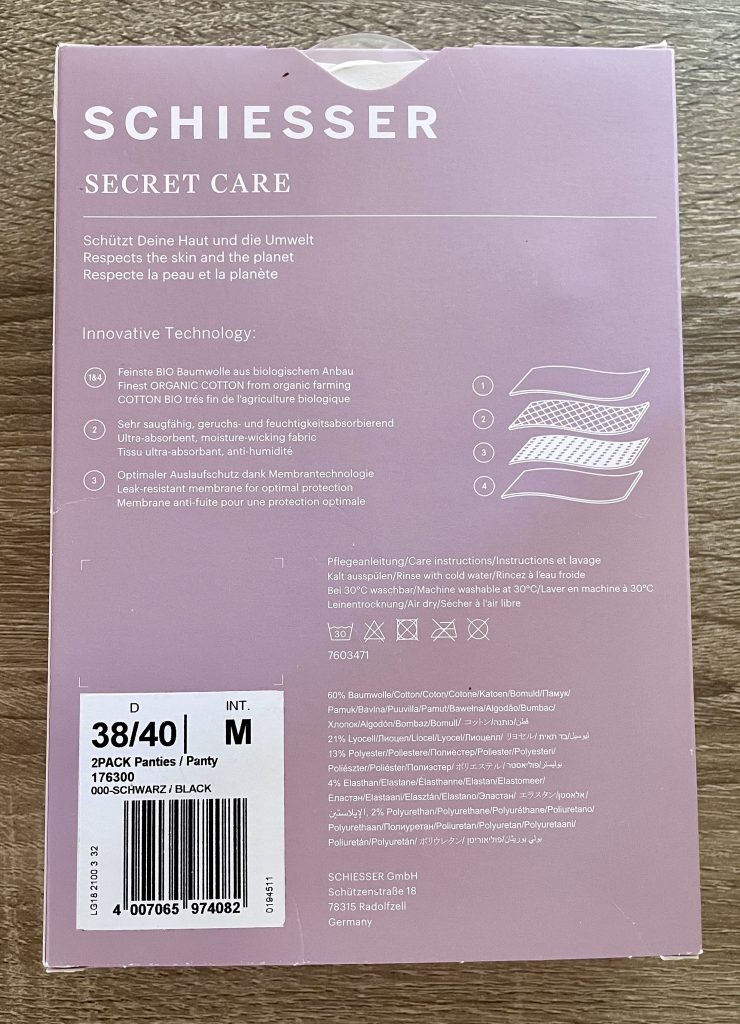 Schiesser Secret Care Periodenunterwäsche in der Verpackung von hinten