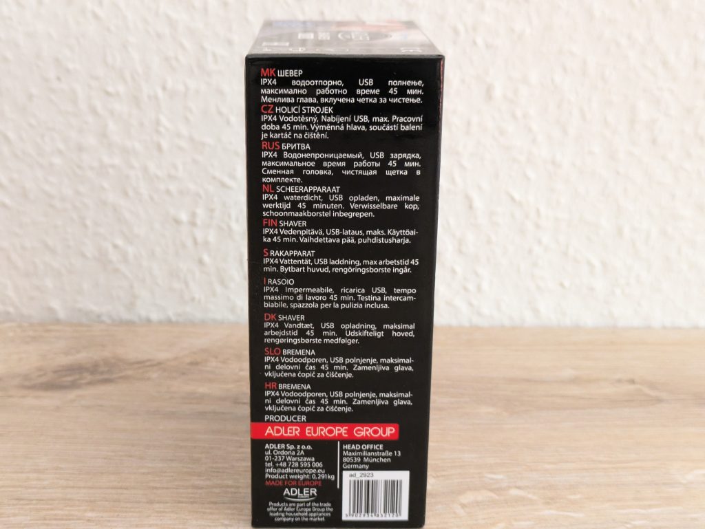 Verpackung des ADLER AD 2923 Rasierers von der rechten Seite