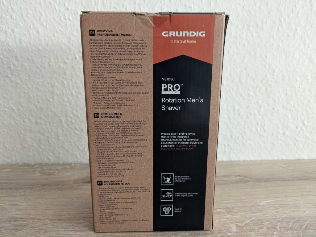 Verpackung des Grundig ProClub MS 8130 Rasierers von hinten