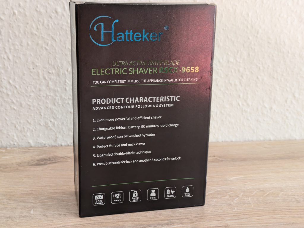 Verpackung des Hatteker ‎RSCW 9658 Rasierers von hinten