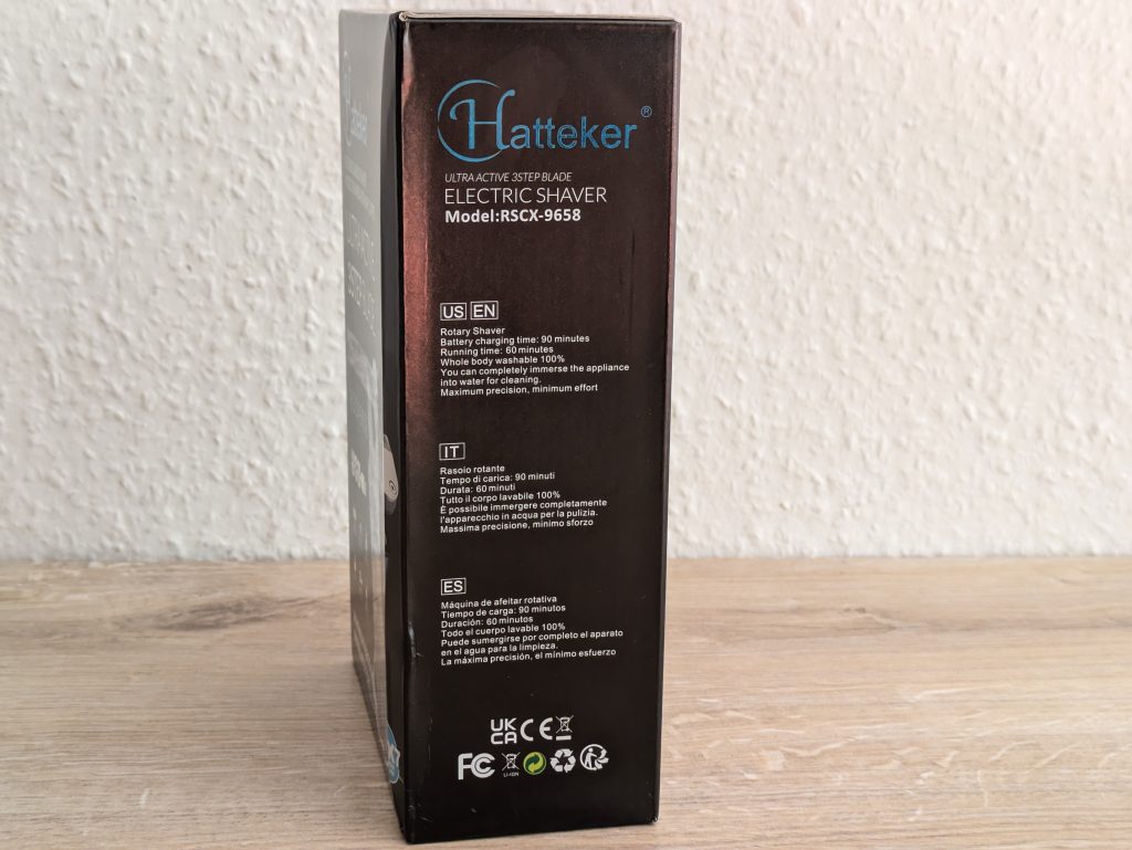 Verpackung des Hatteker ‎RSCW 9658 Rasierers von links