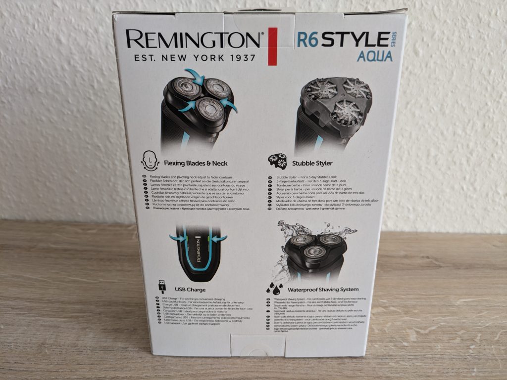Verpackung des Remington R6 Aqua Rasierers von hinten