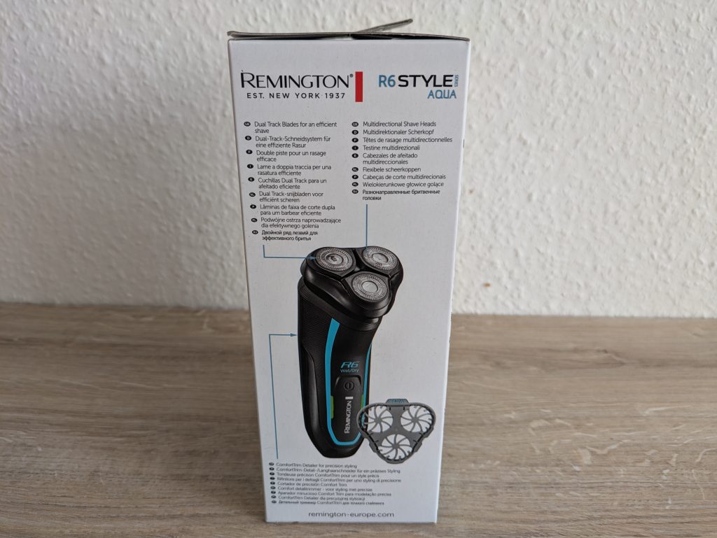 Verpackung des Remington R6 Aqua Rasierers von rechts