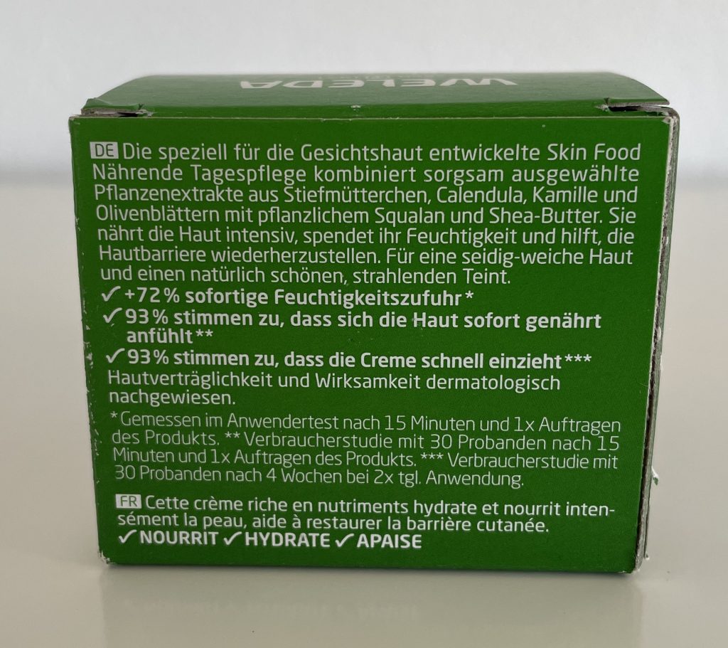 WELEDA Skin Food Feuchtigkeit & Glow Gesichtscreme in der Verpackung von der Seite