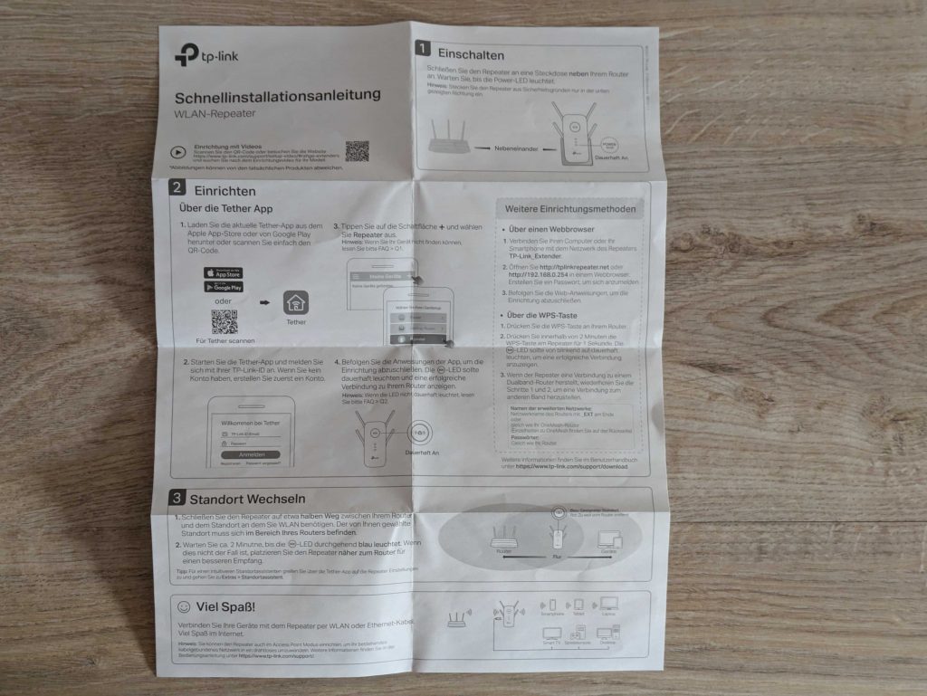 Anleitung des TP Link RE655 WLAN-Repeaters geöffnet