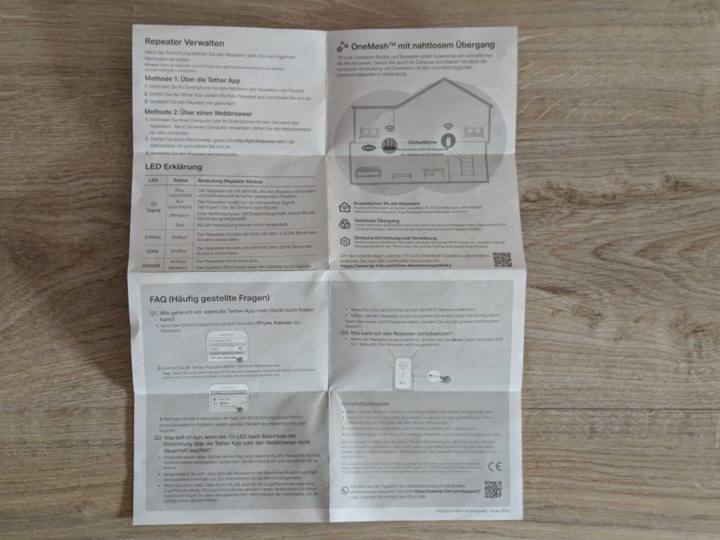 Anleitung des TP Link RE655 WLAN-Repeaters geöffnet, rückseite