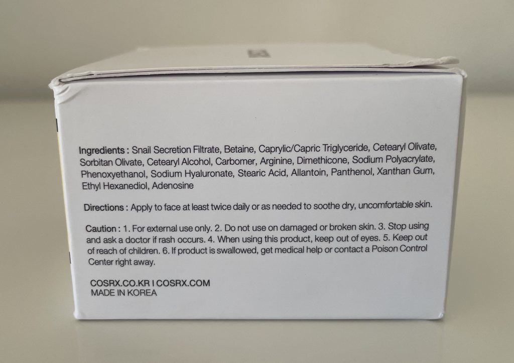 COSRX Advanced Snail 92 All in One Cream Gesichtscreme in der Verpackung von der Seite
