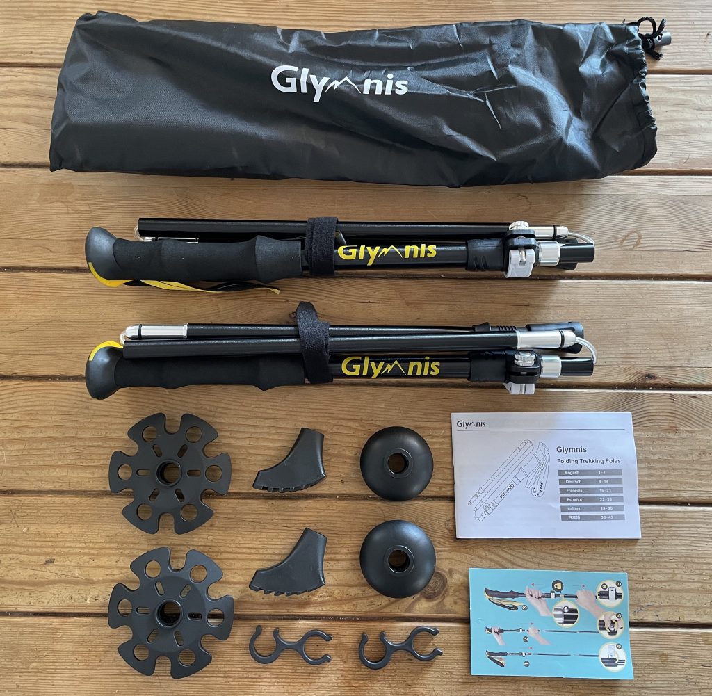 Glymnis TP-7501 Wanderstöcke ausgepackt mit Aufsätzen