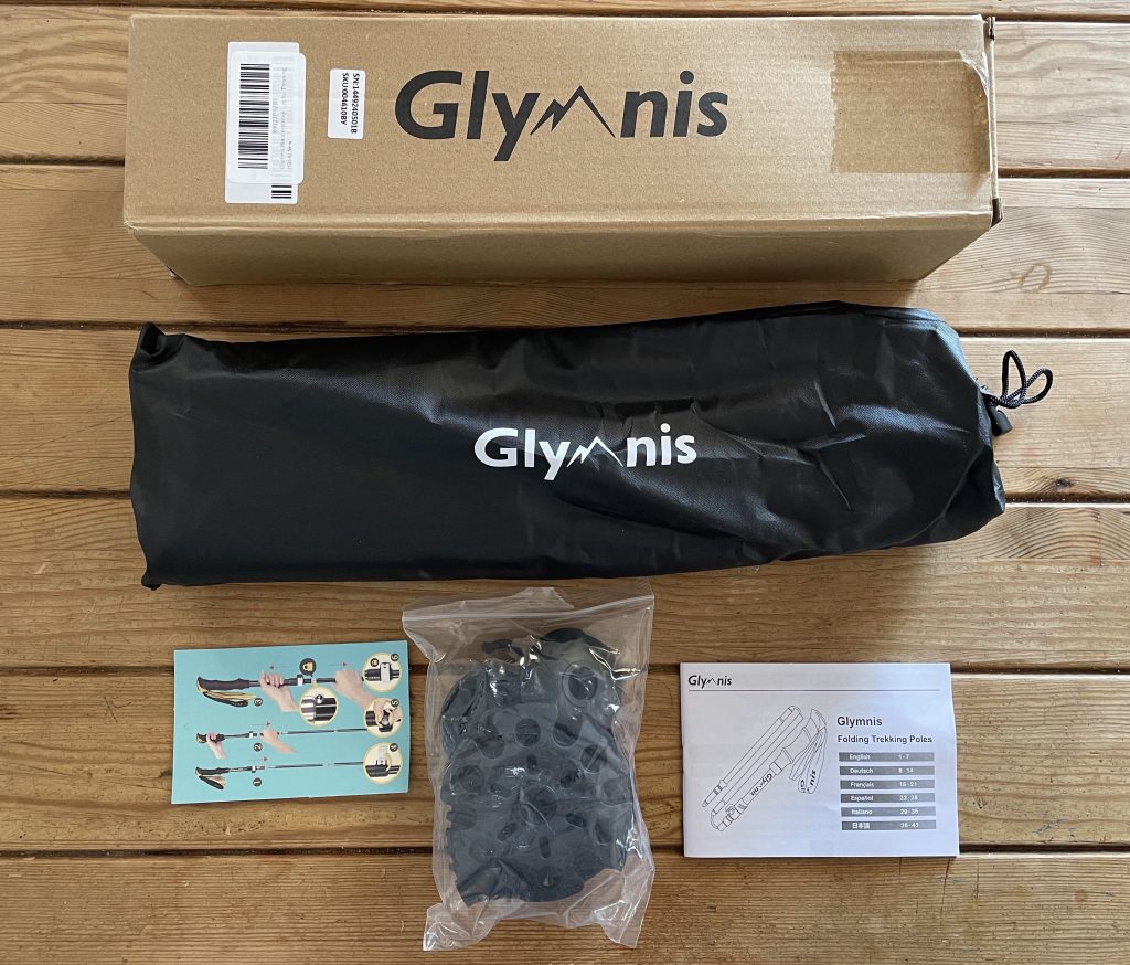 Glymnis TP-7501 Wanderstöcke ausgepackt mit Zubehör