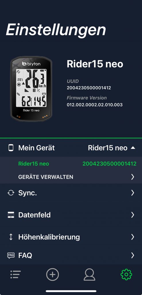 Bryton Rider 15 neo Fahrradcomputer App