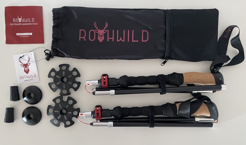 Rothwild Luchs Wanderstöcke ausgepackt mit Zubehör